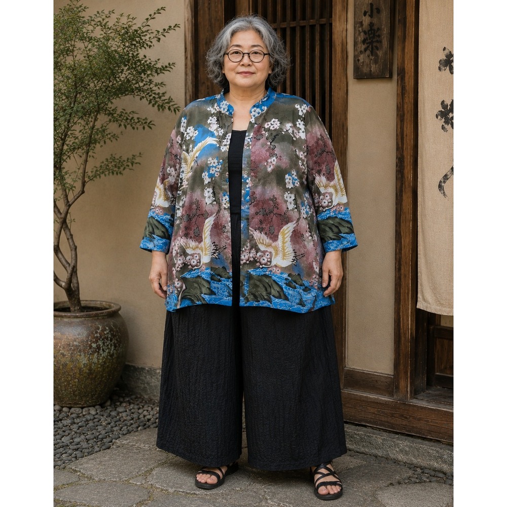 Citron Santa Monica Asian Floral Mandarin Notch Collar Silk Kimono Blouse 3X